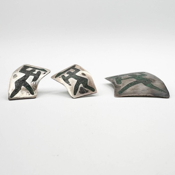 Taxco Sterling Silver Inlaid Crushed Turquoise Warrior Brooch/Pendant w Earrings - Picture 9 of 13